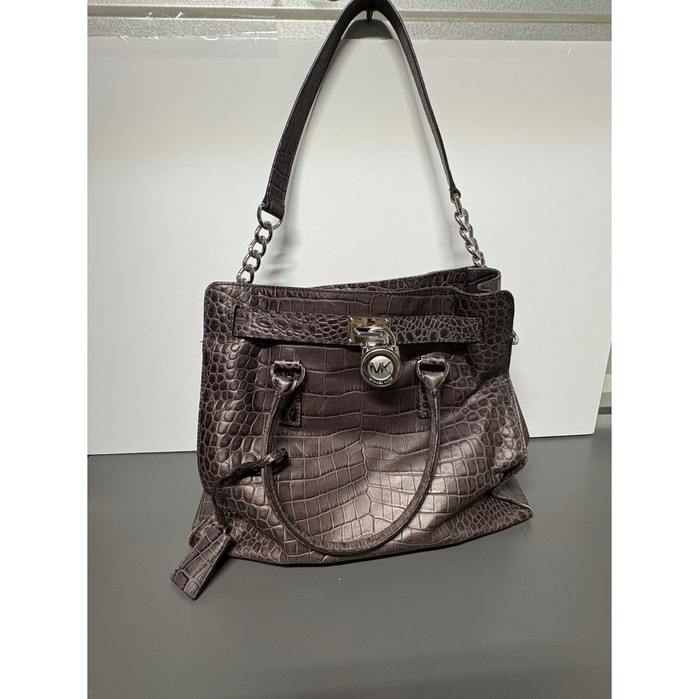 Michael Kors Hamilton Tote Metallic Pewter Croc Embossed Leather Satchel Bag